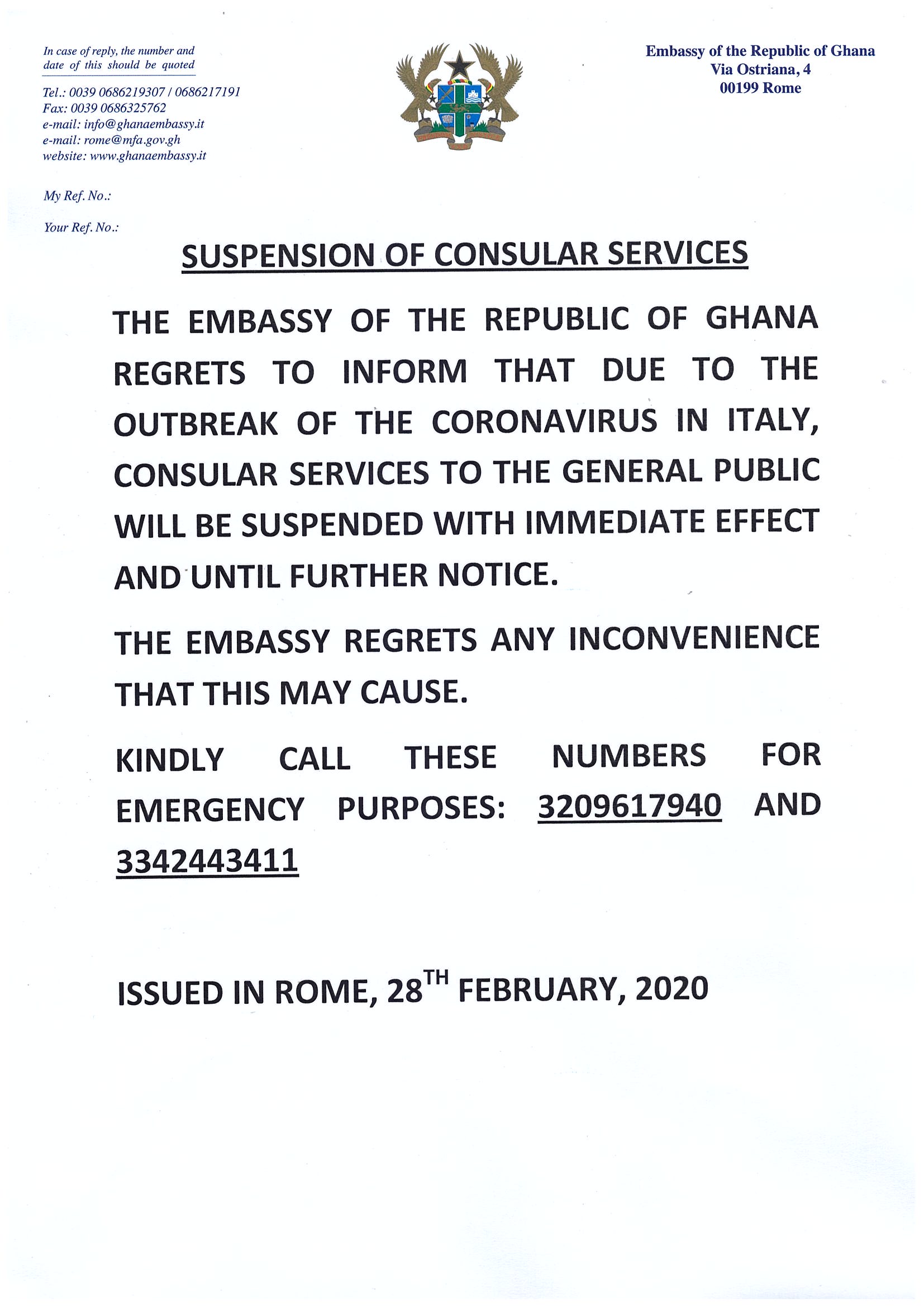 Suspension of Consular Services